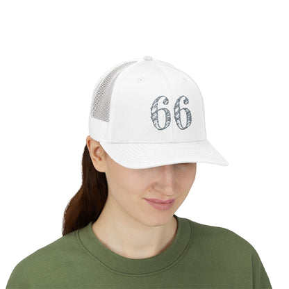 Mesh-back trucker hat with distressed ‘66’ printed on the front panel