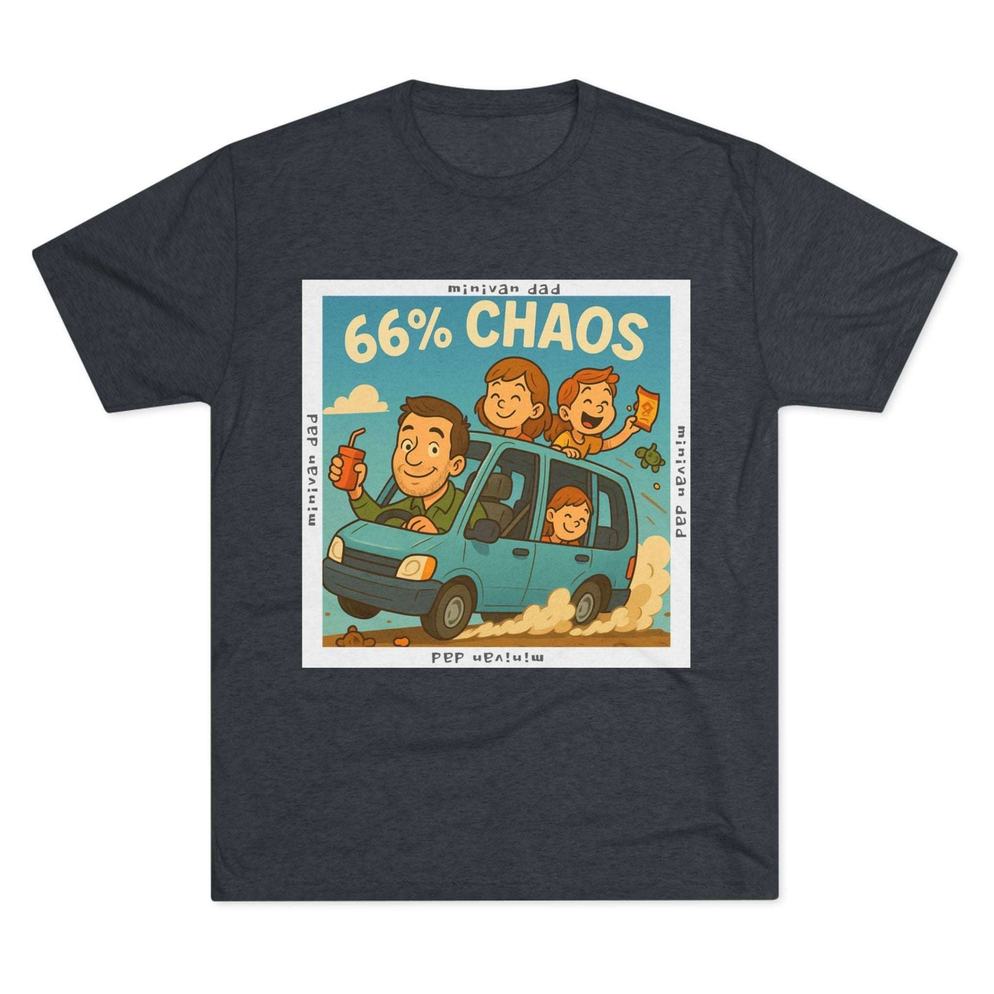 Cartoon dad driving minivan with three excited kids and snacks flying, “66% Chaos” design on dark heather tee – 66 Percent parenting apparel