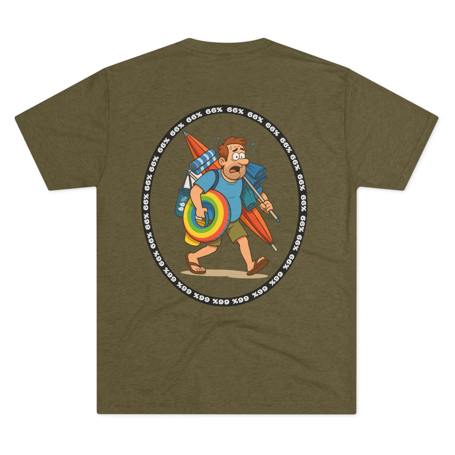 Retro 66% Charged Beach Dad Tri-Blend Tee (back view), featuring a humorous cartoon dad carrying beach gear enclosed in a bold circular ‘66%’ frame