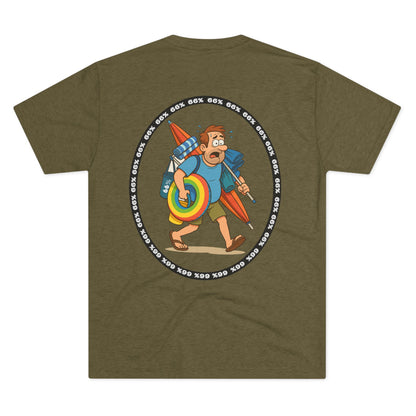 Retro 66% Charged Beach Dad Tri-Blend Tee (back view), featuring a humorous cartoon dad carrying beach gear enclosed in a bold circular ‘66%’ frame