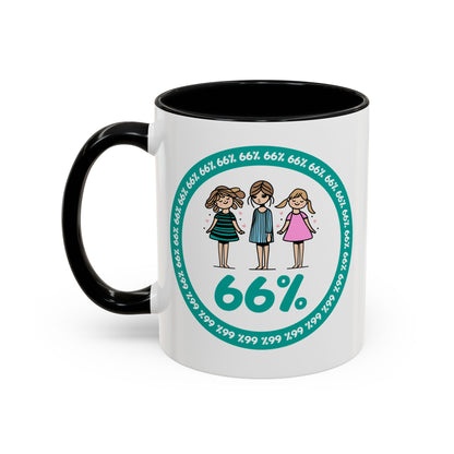 White 66% coffee mug with black handle, featuring three cute daughter illustrations in teal and pink—perfect gift for parents of three kids