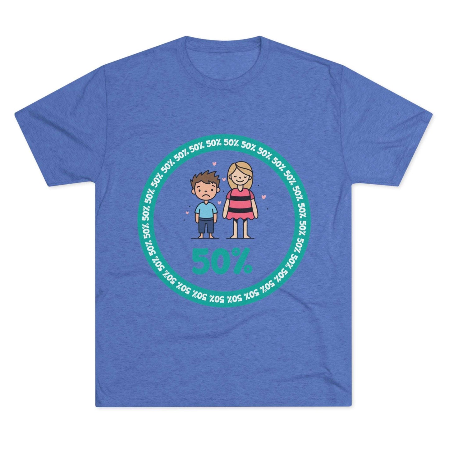 Original Boy Girl 50% Tri-Blend Tee — graphic t-shirt flat-lay, cartoon siblings inside teal 50% circle, repeating 50% pattern, bold 50% text, casual unisex style.