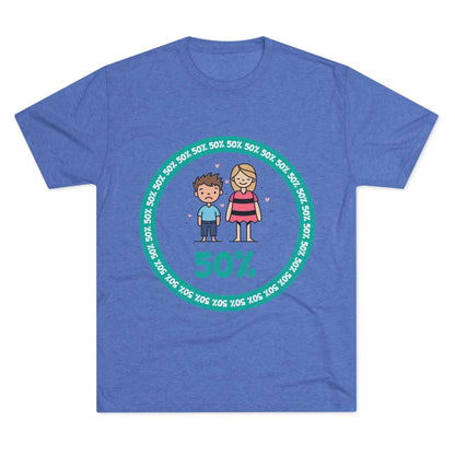 Original Boy Girl 50% Tri-Blend Tee — graphic t-shirt flat-lay, cartoon siblings inside teal 50% circle, repeating 50% pattern, bold 50% text, casual unisex style.