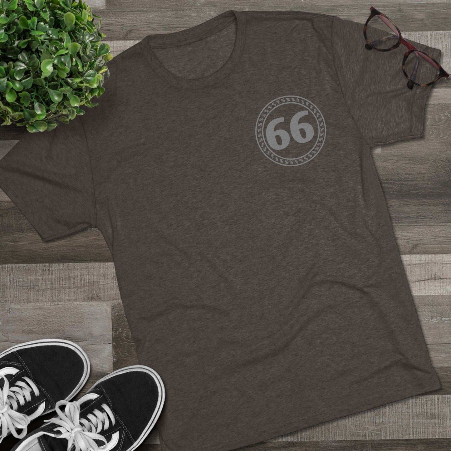 Retro 66% Tri-Blend Tee — flat-lay graphic t-shirt with circular 66 logo, heather blend, casual unisex style