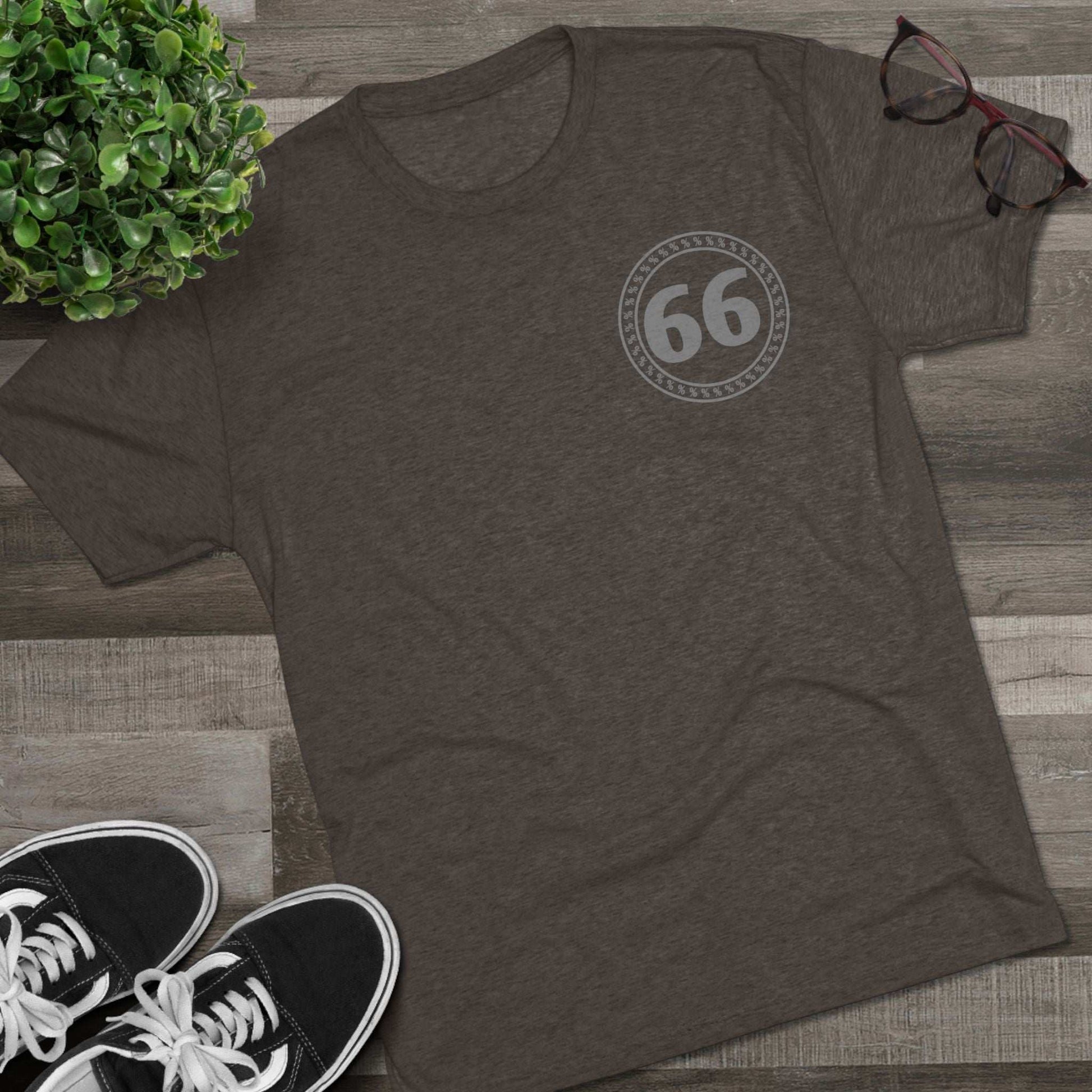 Retro 66% Tri-Blend Tee — flat-lay graphic t-shirt with circular 66 logo, heather blend, casual unisex style
