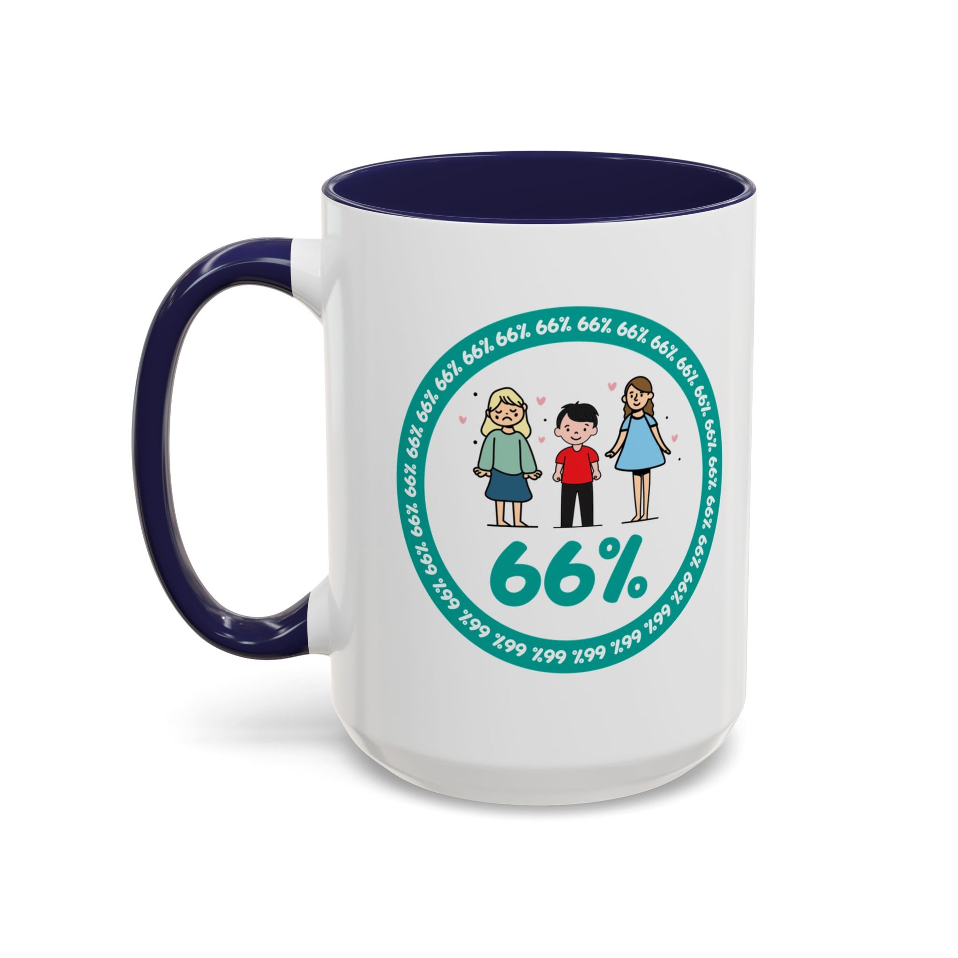 White mug with blue handle showing a graphic: a teal circle of repeating ‘66%’ text, three cartoon kids inside the circle, and a prominent ‘66%’ at the bottom.