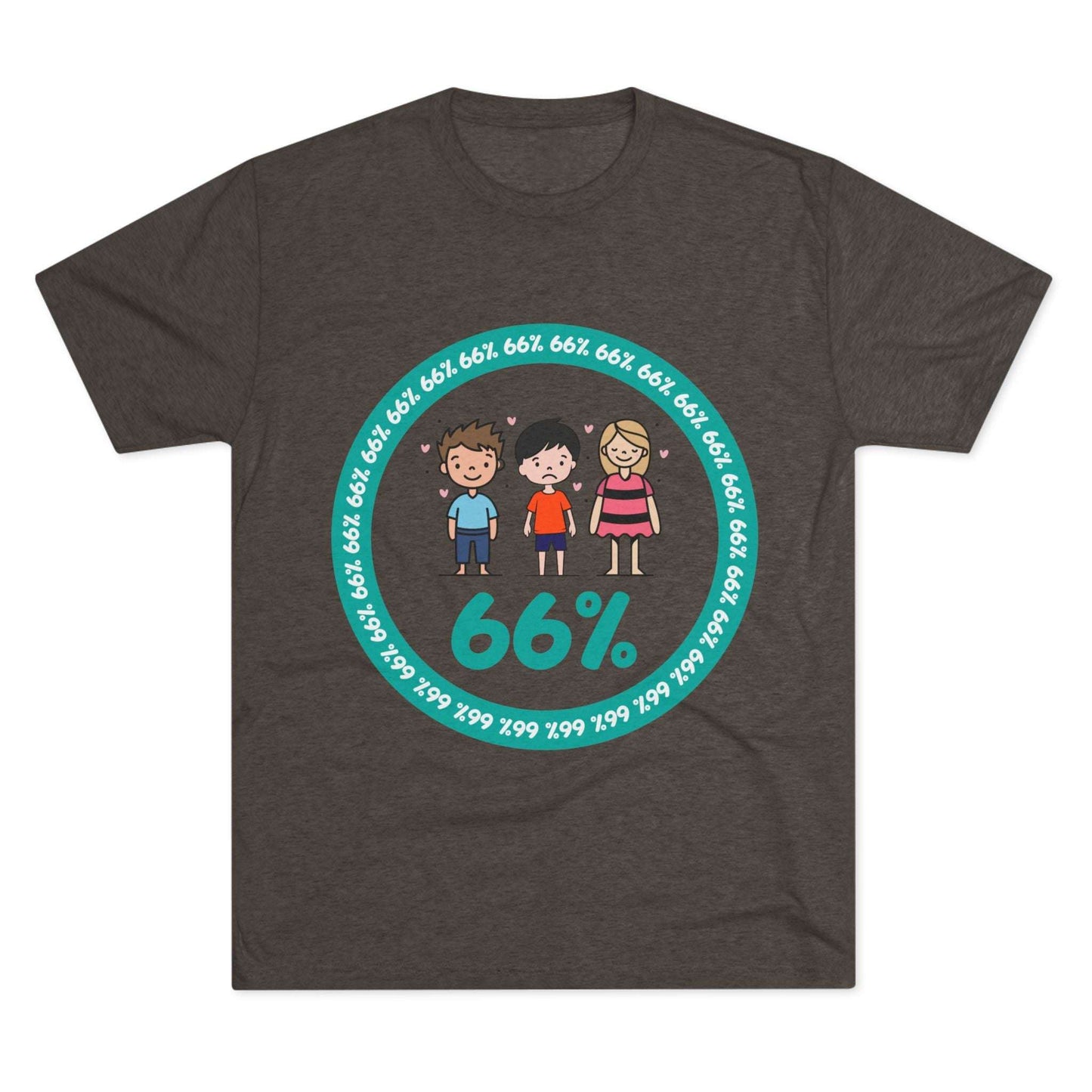 Flat-lay of tri-blend tee with two cartoon boys and one girl inside a teal 66% circle and repeating 66% border