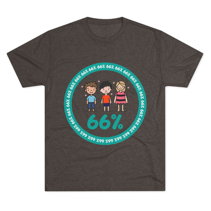 Flat-lay of tri-blend tee with two cartoon boys and one girl inside a teal 66% circle and repeating 66% border