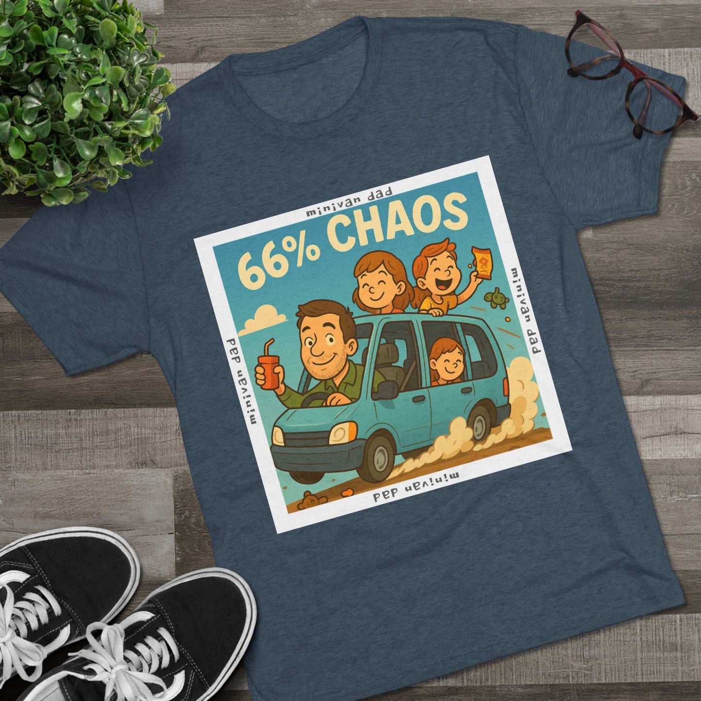 Cartoon dad driving minivan with three excited kids and snacks flying, “66% Chaos” design on dark heather tee – 66 Percent parenting apparel