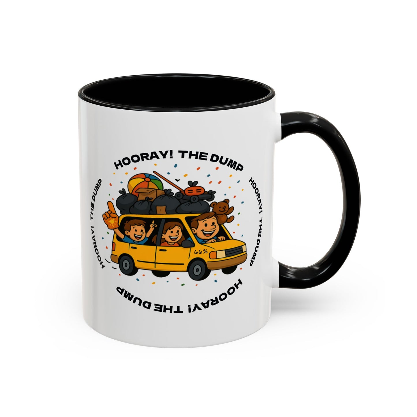Cartoon yellow “66%” minivan mug decal with roof piled high in trash bags, lawnmower and beach ball, plus a smiling dad and two waving daughters amid confetti.