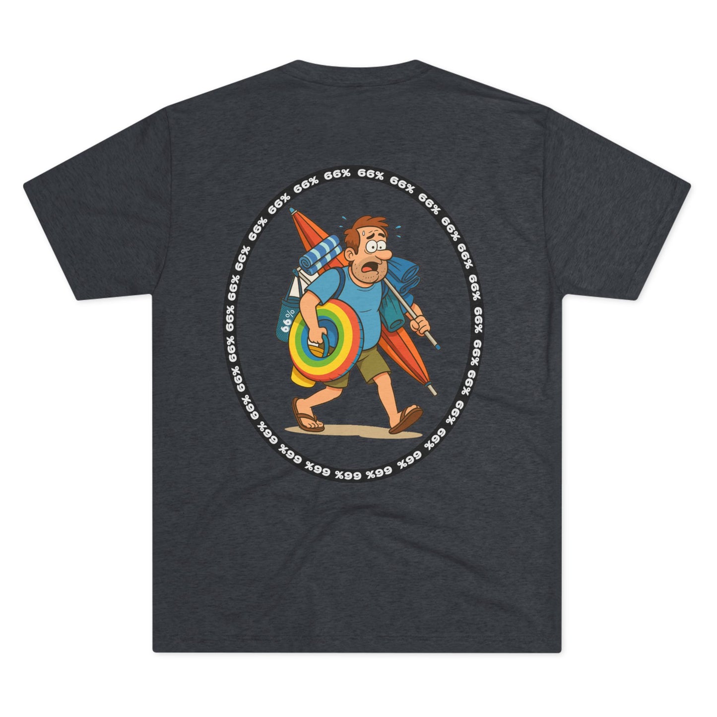 Retro 66% Charged Beach Dad Tri-Blend Tee (back view), featuring a humorous cartoon dad carrying beach gear enclosed in a bold circular ‘66%’ frame