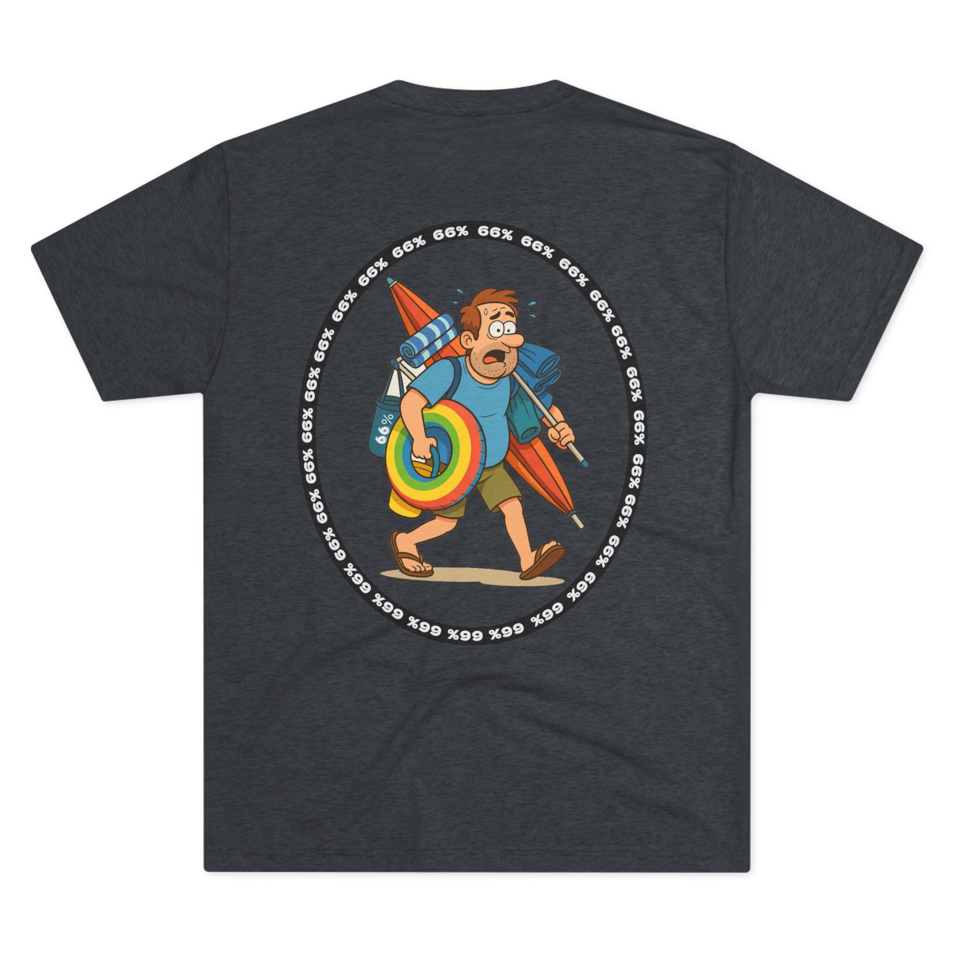 Retro 66% Charged Beach Dad Tri-Blend Tee (back view), featuring a humorous cartoon dad carrying beach gear enclosed in a bold circular ‘66%’ frame