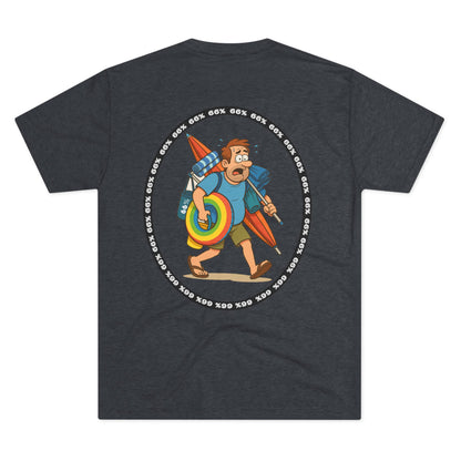 Retro 66% Charged Beach Dad Tri-Blend Tee (back view), featuring a humorous cartoon dad carrying beach gear enclosed in a bold circular ‘66%’ frame
