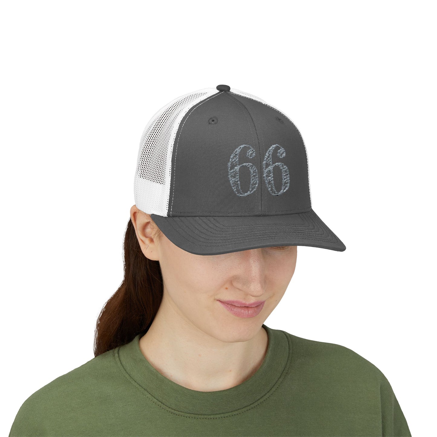 Mesh-back trucker hat with distressed ‘66’ printed on the front panel