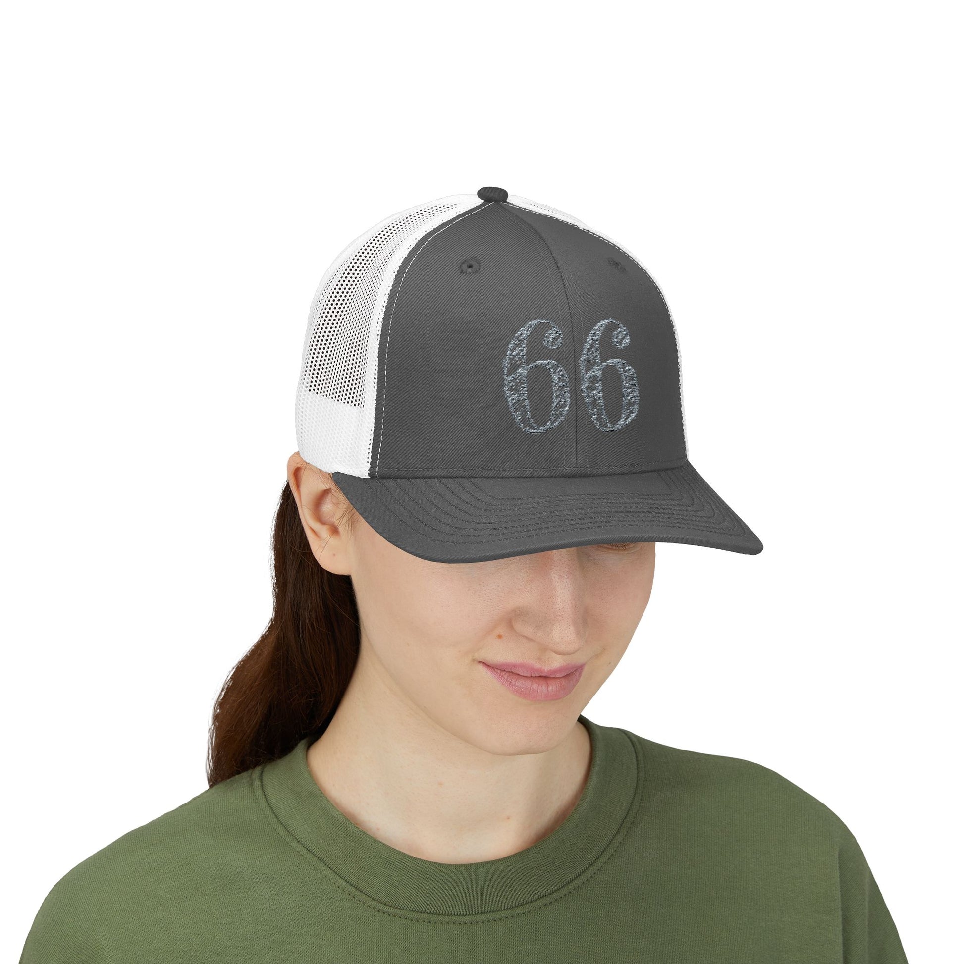 Mesh-back trucker hat with distressed ‘66’ printed on the front panel