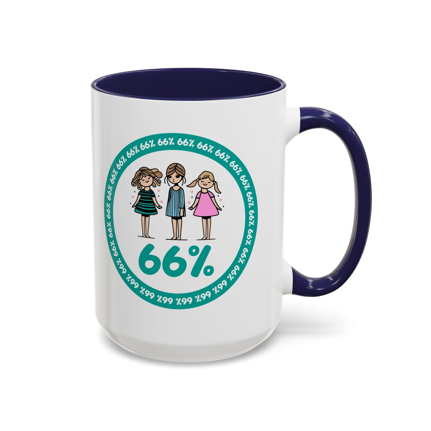 White 66% coffee mug with black handle, featuring three cute daughter illustrations in teal and pink—perfect gift for parents of three kids