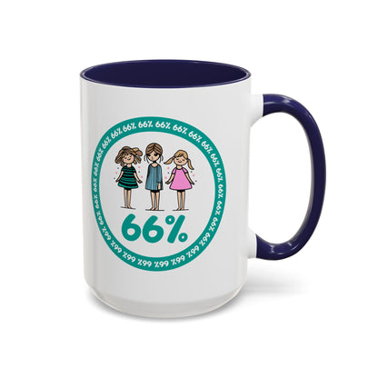 White 66% coffee mug with black handle, featuring three cute daughter illustrations in teal and pink—perfect gift for parents of three kids
