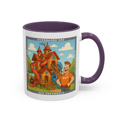 White ceramic mug printed with a cartoon dad wearing a ‘66%’ shirt standing beside a multi-level wooden playhouse with twisting slides, framed by the text ‘OVERBOARD DAD’.