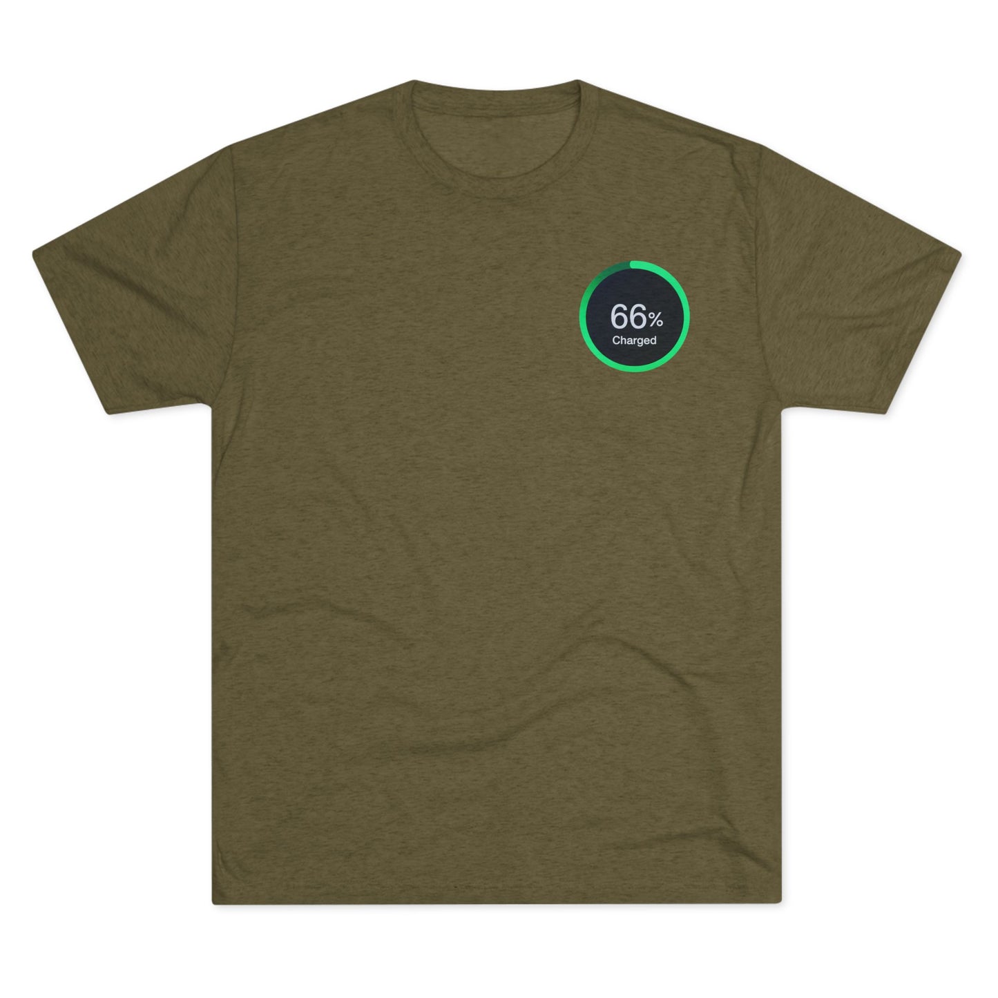 Retro 66% Charged Tri-Blend Tee, showing a vibrant green circular battery gauge reading “66% Charged”