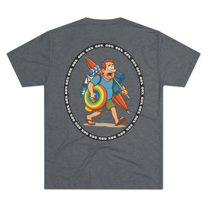 Tri-blend tee featuring large central circular graphic of overwhelmed ‘Beach Dad’ loaded down with chairs, umbrella, floatie and towels, with ‘66% beach dad’ ring