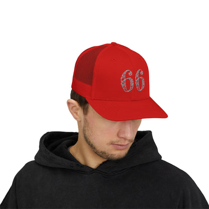 Mesh-back trucker hat with distressed ‘66’ printed on the front panel