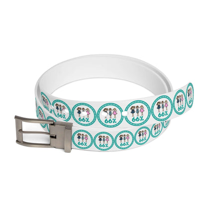 A white adjustable belt featuring a gun metal buckle and a pattern of teal circles, each enclosing three stick-figure kids and the number ‘66%’.