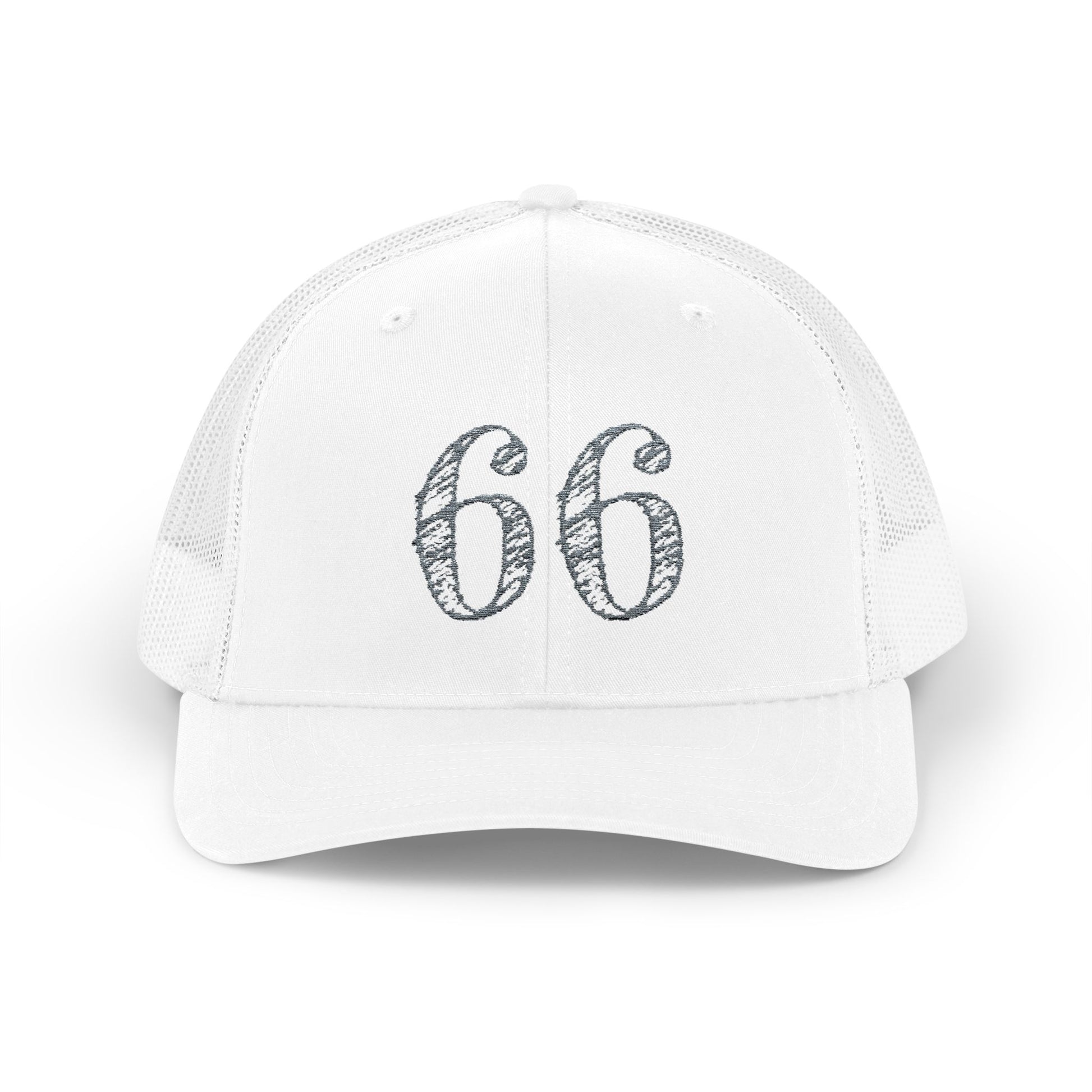 Mesh-back trucker hat with distressed ‘66’ printed on the front panel