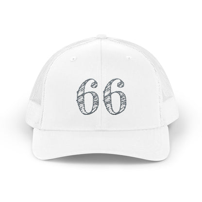 Mesh-back trucker hat with distressed ‘66’ printed on the front panel