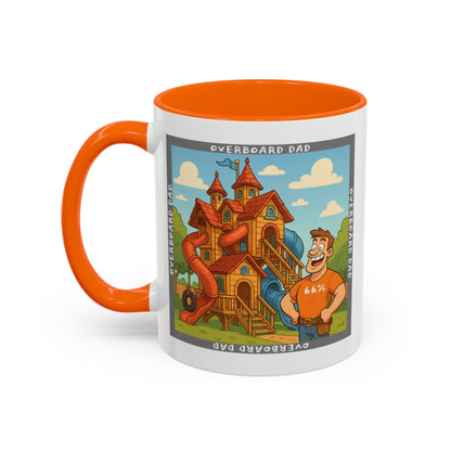 White ceramic mug printed with a cartoon dad wearing a ‘66%’ shirt standing beside a multi-level wooden playhouse with twisting slides, framed by the text ‘OVERBOARD DAD’.