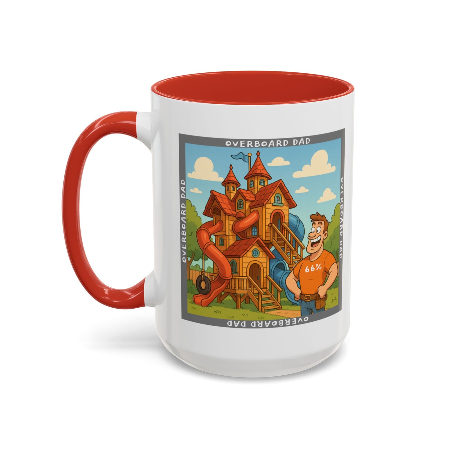 White ceramic mug printed with a cartoon dad wearing a ‘66%’ shirt standing beside a multi-level wooden playhouse with twisting slides, framed by the text ‘OVERBOARD DAD’.