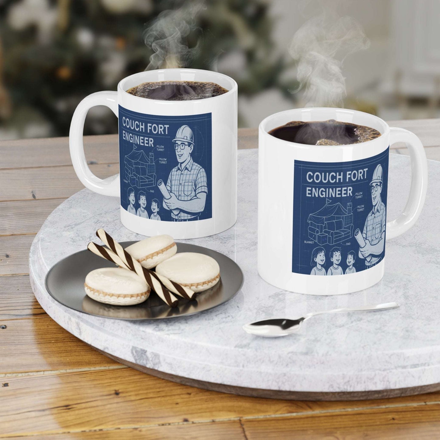 Blueprint-themed mug design reading ‘Couch Fort Engineer,’ depicting a dad wearing safety glasses and hardhat holding a plan, alongside a cutaway diagram of a living-room couch fort and three happy kids.