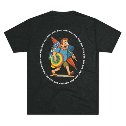 Retro 66% Charged Beach Dad Tri-Blend Tee (back view), featuring a humorous cartoon dad carrying beach gear enclosed in a bold circular ‘66%’ frame