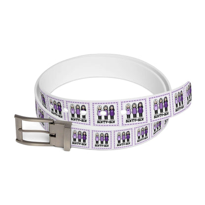 A roll-out belt featuring a pattern of cartoon illustrations: three girls wearing purple dresses inside a bordered square, with ‘Sixty-Six’ printed below each group.