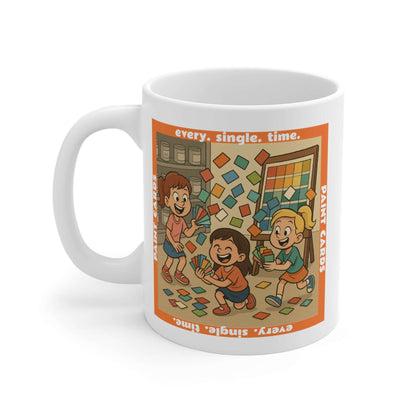 Coffee mug featuring a whimsical illustration of three children holding and tossing colorful paint sample cards in front of a paint shelf, with the text ‘every. single. time.’ and ‘Paint Cards’ framing the scene.