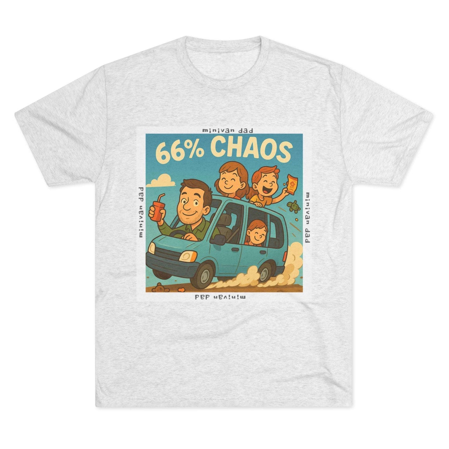 Cartoon dad driving minivan with three excited kids and snacks flying, “66% Chaos” design on dark heather tee – 66 Percent parenting apparel