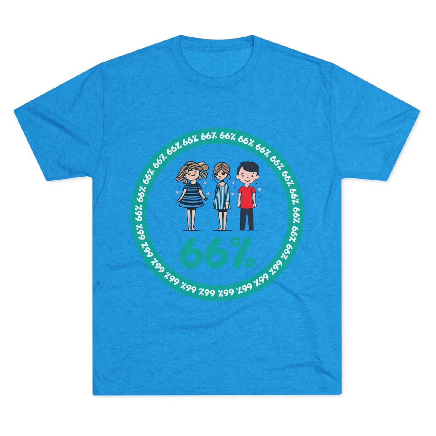 Flat-lay of tri-blend tee with two cartoon girls and one boy inside a teal 66% circle and repeating 66% border