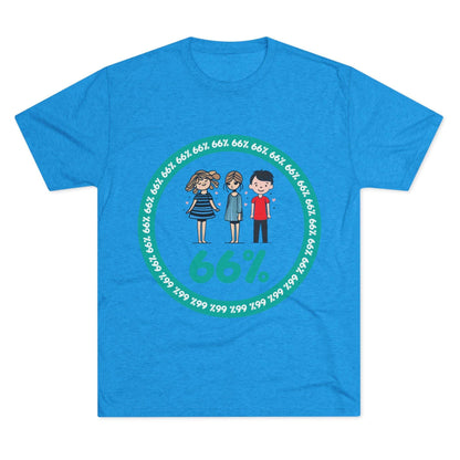 Flat-lay of tri-blend tee with two cartoon girls and one boy inside a teal 66% circle and repeating 66% border