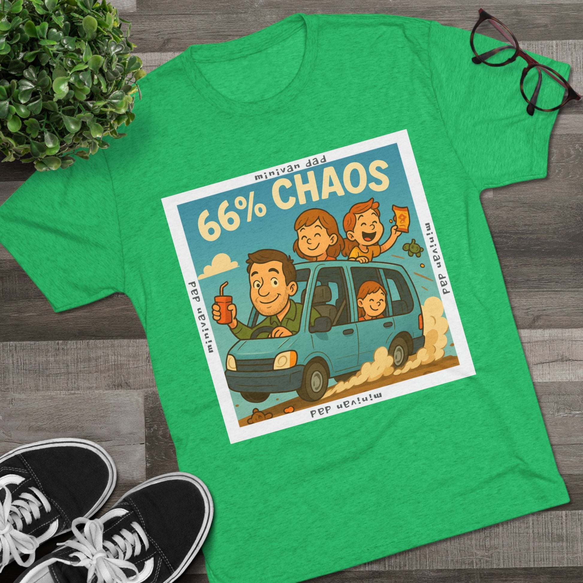 Cartoon dad driving minivan with three excited kids and snacks flying, “66% Chaos” design on dark heather tee – 66 Percent parenting apparel