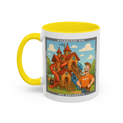 White ceramic mug printed with a cartoon dad wearing a ‘66%’ shirt standing beside a multi-level wooden playhouse with twisting slides, framed by the text ‘OVERBOARD DAD’.