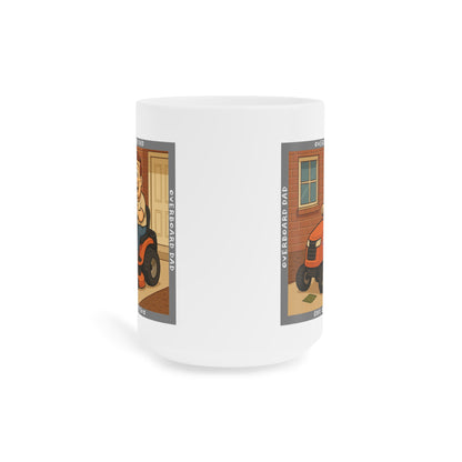 Graphic mug depicting a happy dad mowing the lawn on a ride-on tractor beside a brick wall and front door, encircled by the phrase ‘Overboard Dad’ in a repeating border.