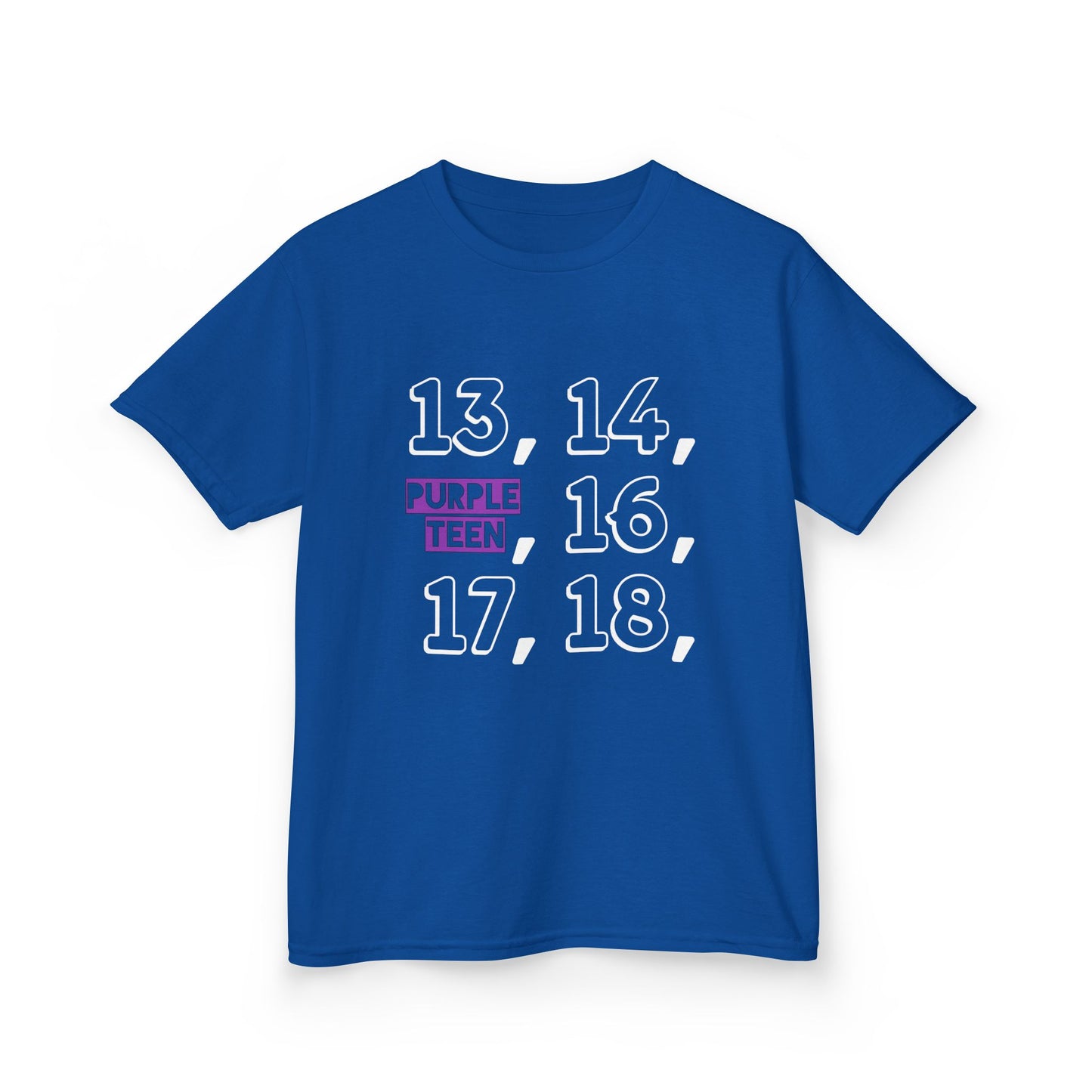 Blue t-shirt with numbers and text on a white background