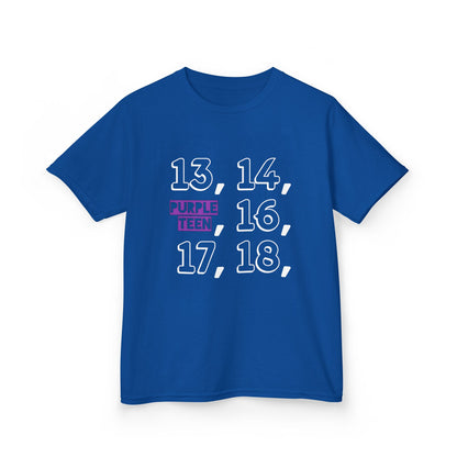 Blue t-shirt with numbers and text on a white background
