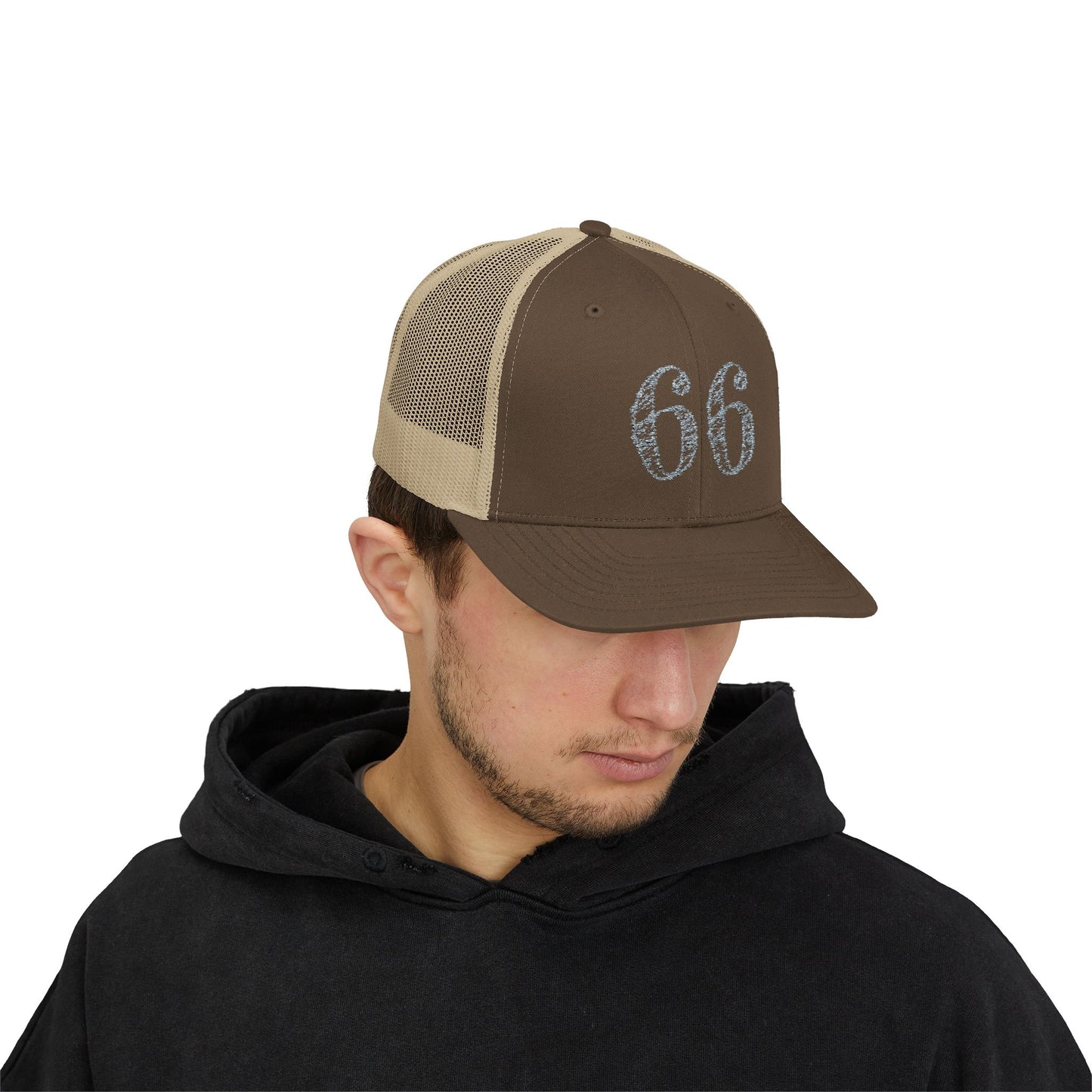 Mesh-back trucker hat with distressed ‘66’ printed on the front panel