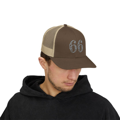 Mesh-back trucker hat with distressed ‘66’ printed on the front panel