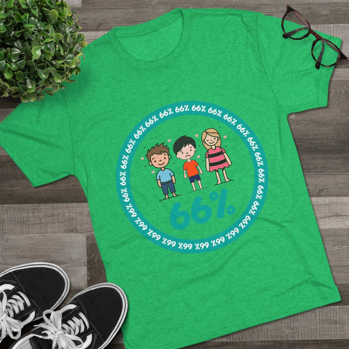 Flat-lay of tri-blend tee with two cartoon boys and one girl inside a teal 66% circle and repeating 66% border
