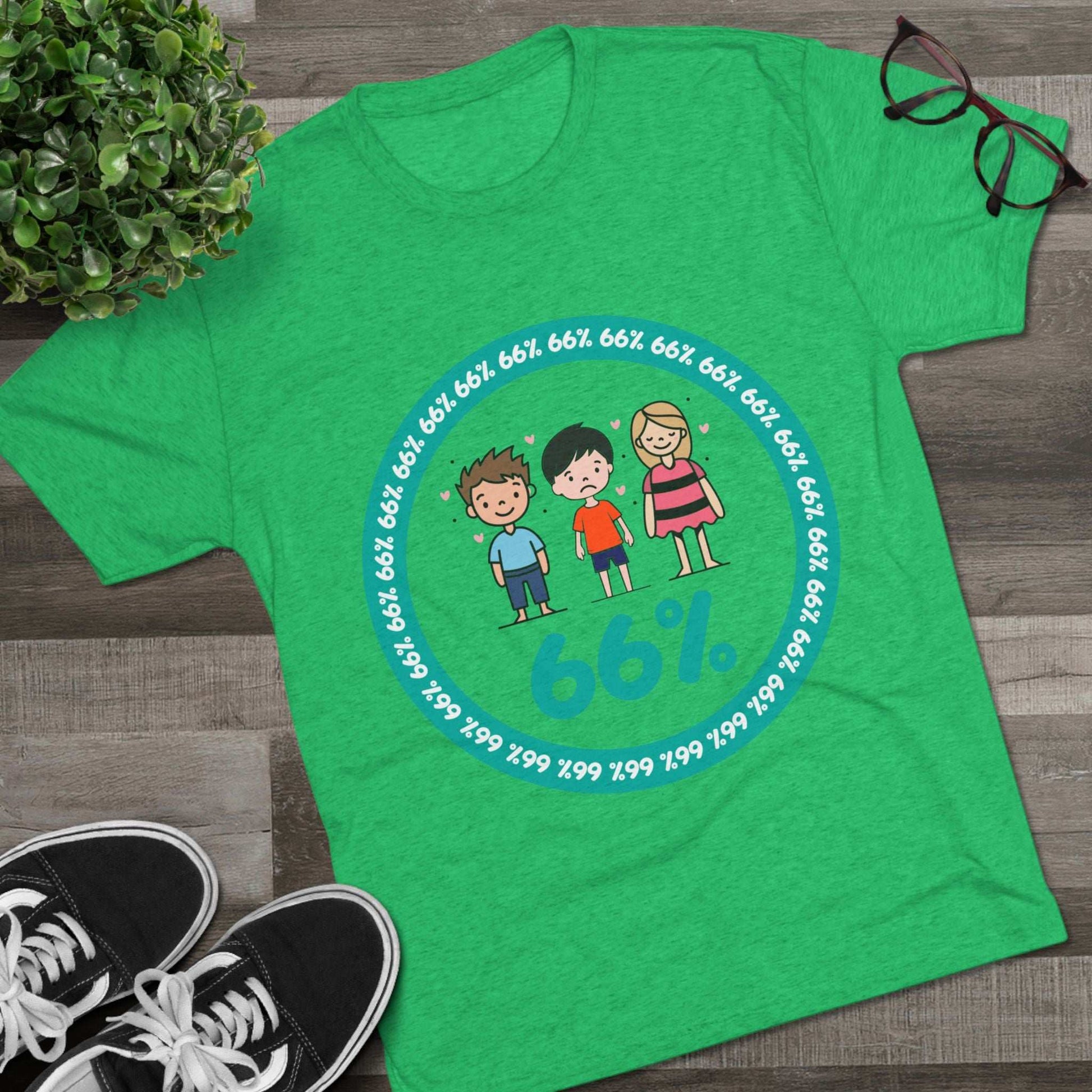 Flat-lay of tri-blend tee with two cartoon boys and one girl inside a teal 66% circle and repeating 66% border