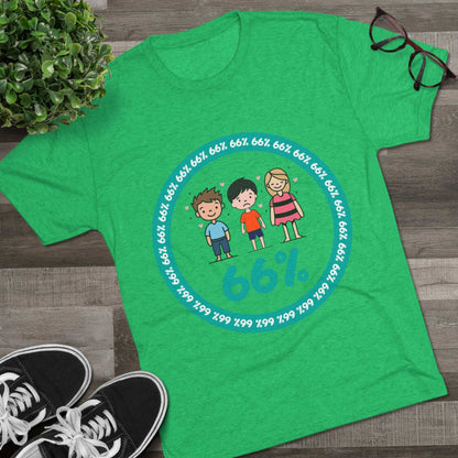 Flat-lay of tri-blend tee with two cartoon boys and one girl inside a teal 66% circle and repeating 66% border