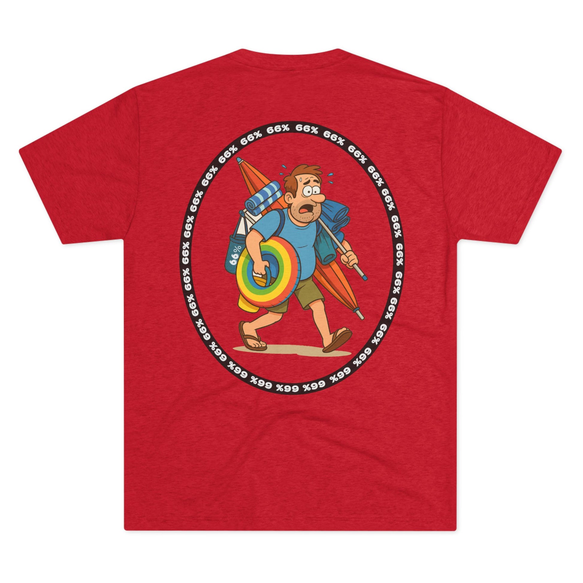 Tri-blend tee featuring large central circular graphic of overwhelmed ‘Beach Dad’ loaded down with chairs, umbrella, floatie and towels, with ‘66% beach dad’ ring