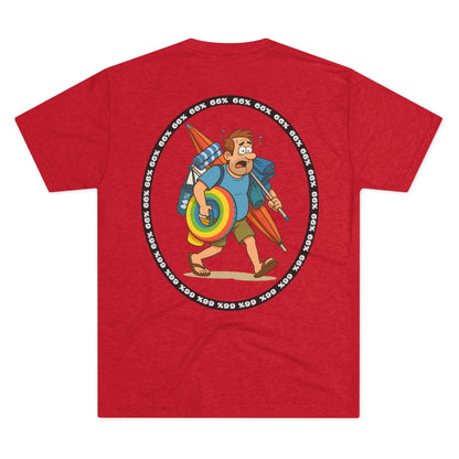 Tri-blend tee featuring large central circular graphic of overwhelmed ‘Beach Dad’ loaded down with chairs, umbrella, floatie and towels, with ‘66% beach dad’ ring