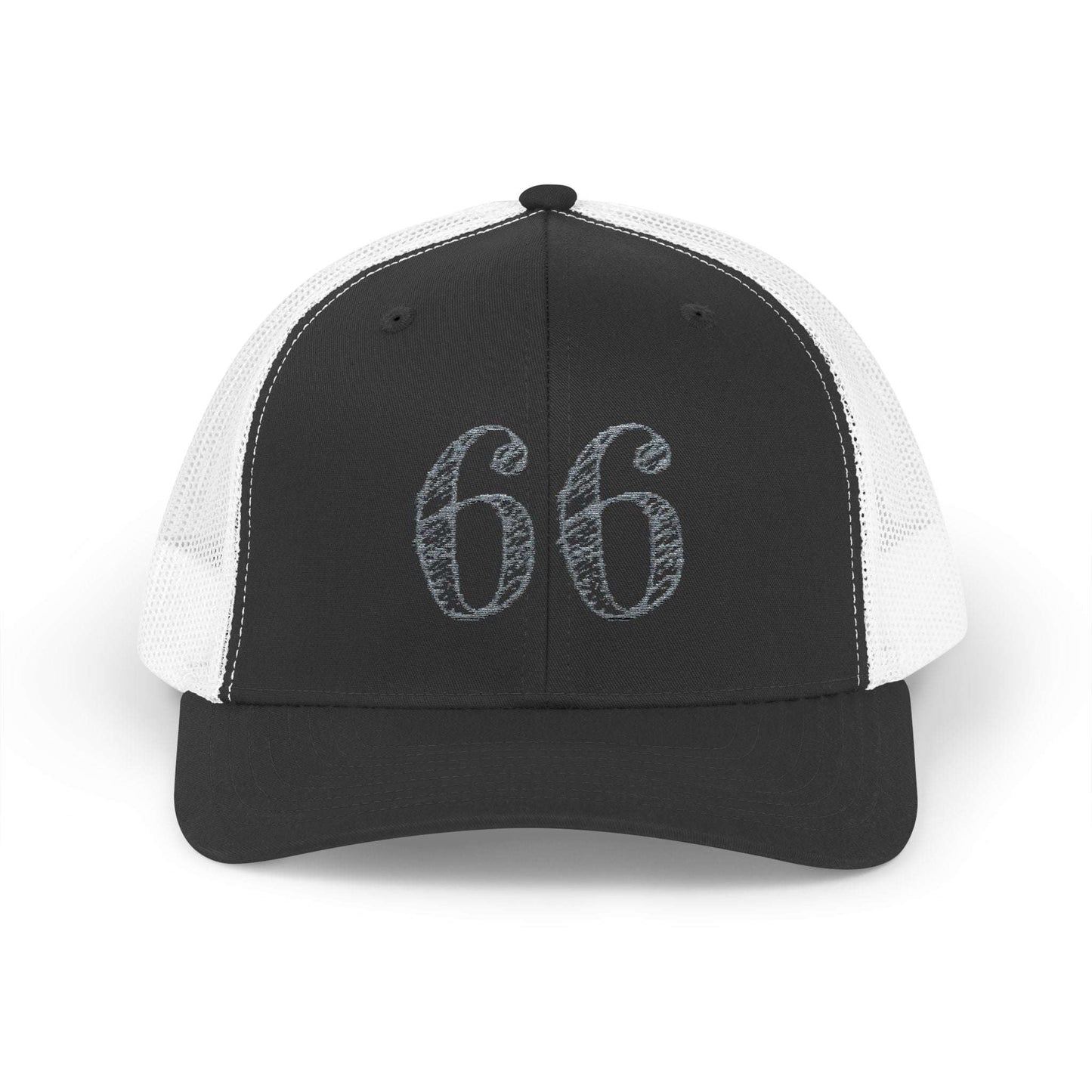 Mesh-back trucker hat with distressed ‘66’ printed on the front panel